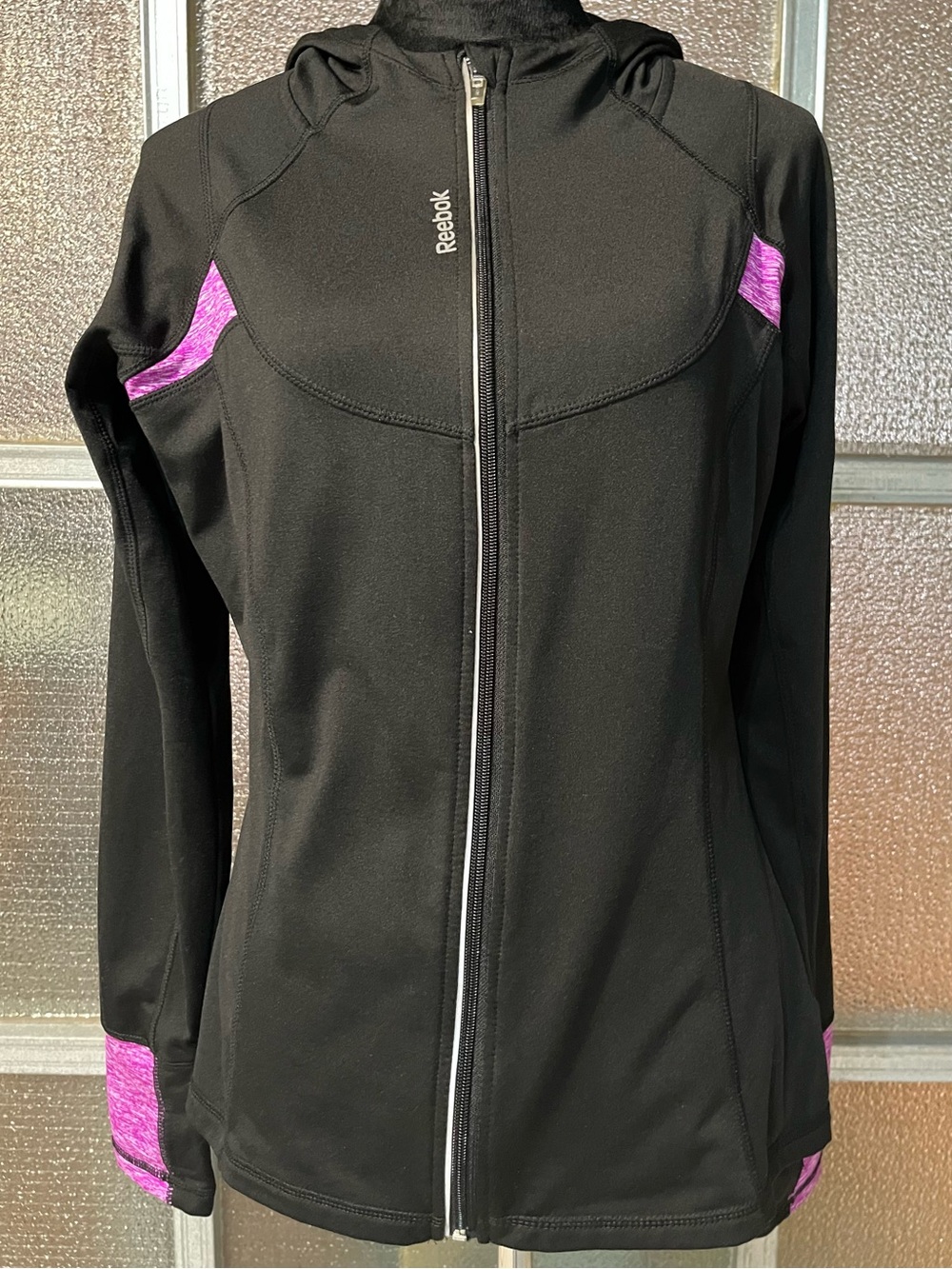 Size L Women’s Reebok Black Full‑Zip Hoodie with Pink Panels